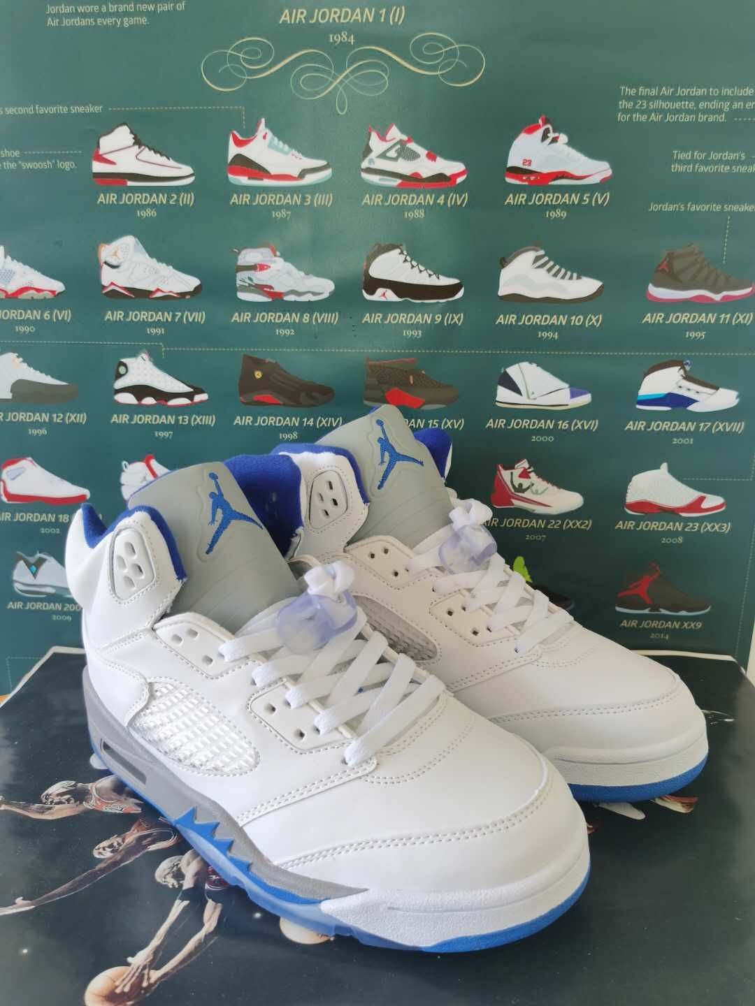 New Men Air Jordan 5 White Royal Blue Grey Shoes